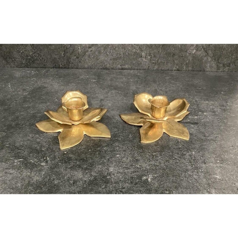 2 Vtg Solid Brass Candle Holder Lotus Water Lily Leaves Lotus Flower Floral